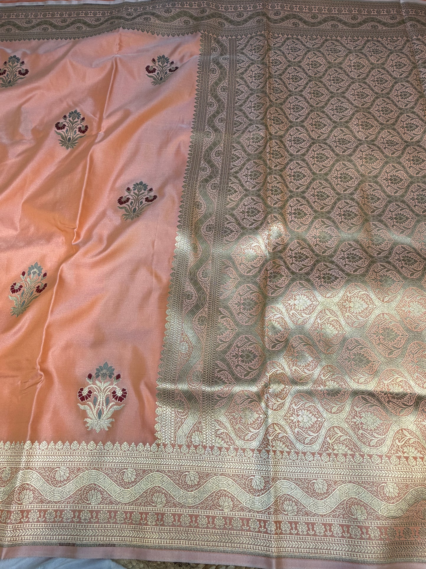 Peach banarasi Mashru Silk Banarasi Saree With Meena bootas
