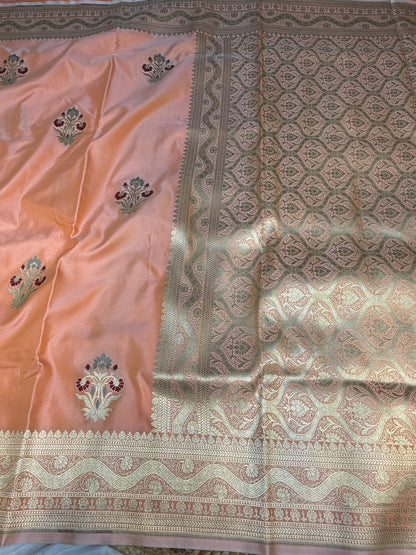 Peach banarasi Mashru Silk Banarasi Saree With Meena bootas