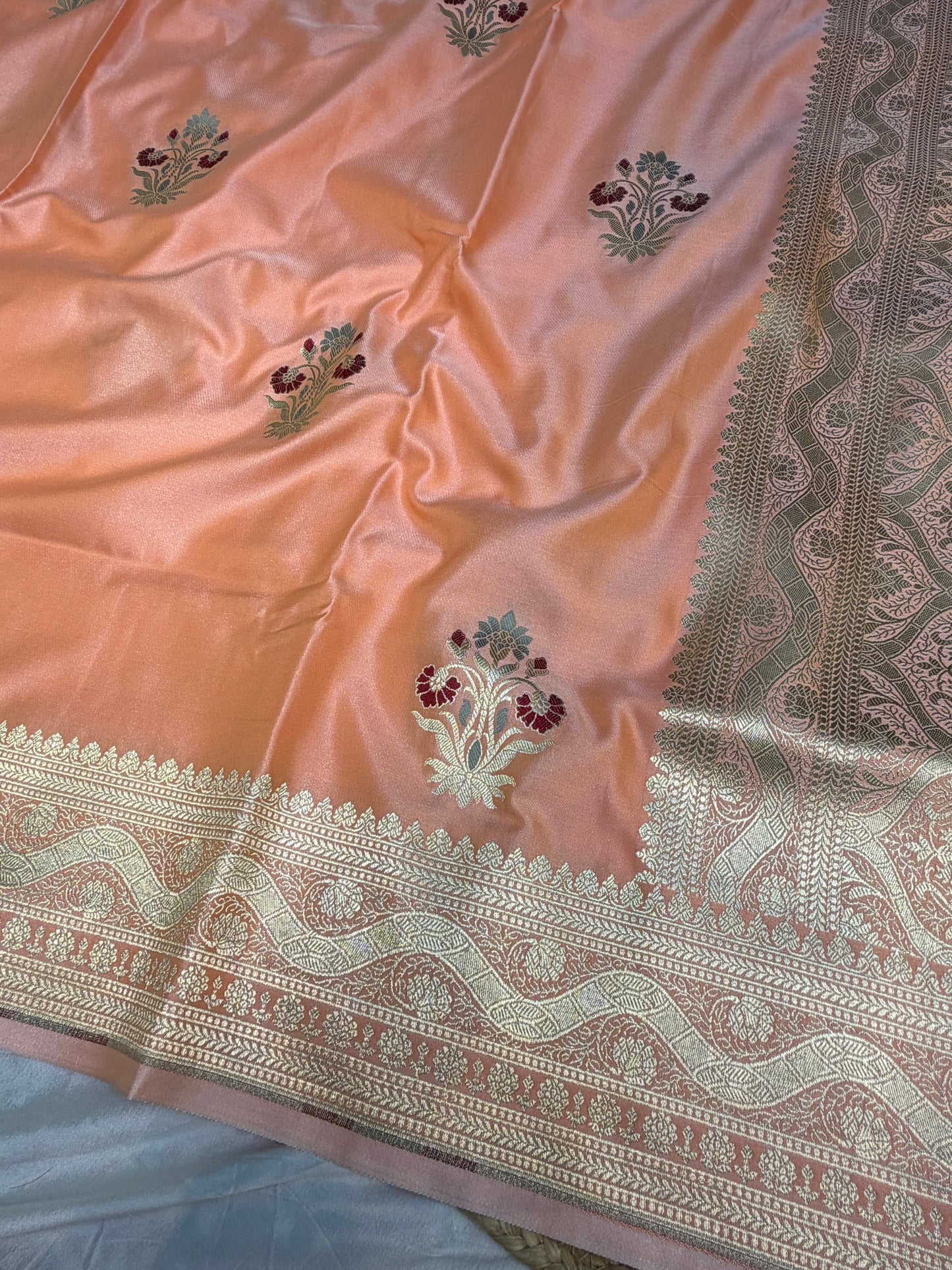 Peach banarasi Mashru Silk Banarasi Saree With Meena bootas