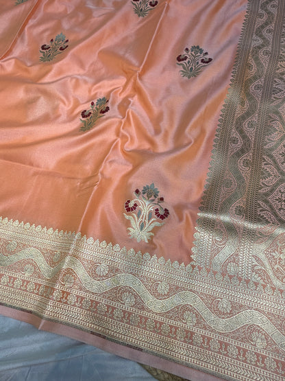 Peach banarasi Mashru Silk Banarasi Saree With Meena bootas