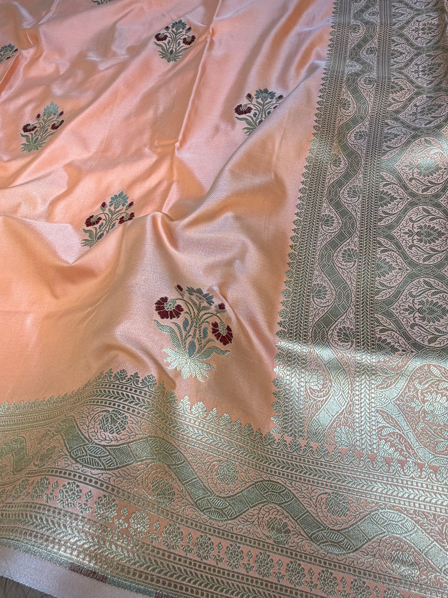 Peach banarasi Mashru Silk Banarasi Saree With Meena bootas
