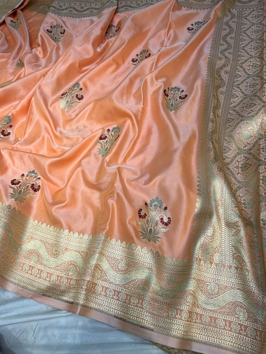 Peach banarasi Mashru Silk Banarasi Saree With Meena bootas