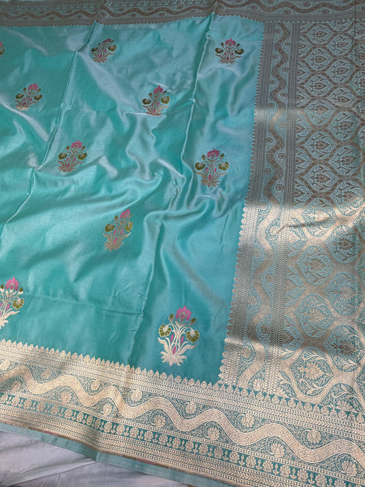 Sea Green Mashru Silk Banarasi Saree With Meena bootas