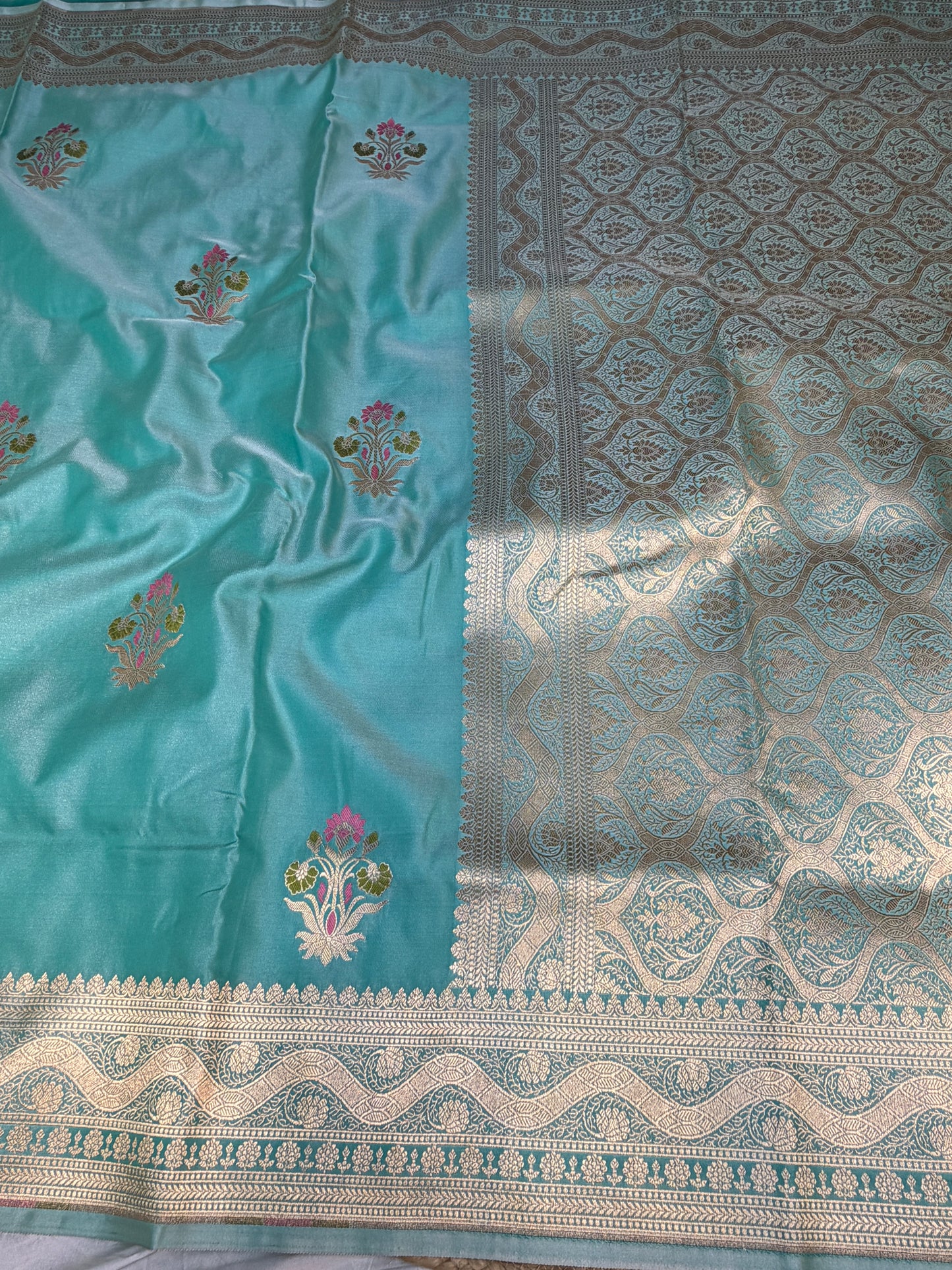 Sea Green Mashru Silk Banarasi Saree With Meena bootas