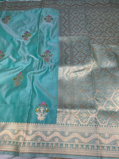 Sea Green Mashru Silk Banarasi Saree With Meena bootas