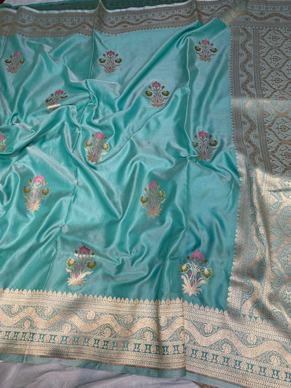 Sea Green Mashru Silk Banarasi Saree With Meena bootas