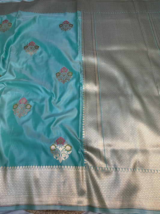 Sea Green Mashru Silk Banarasi Saree With Meena bootas