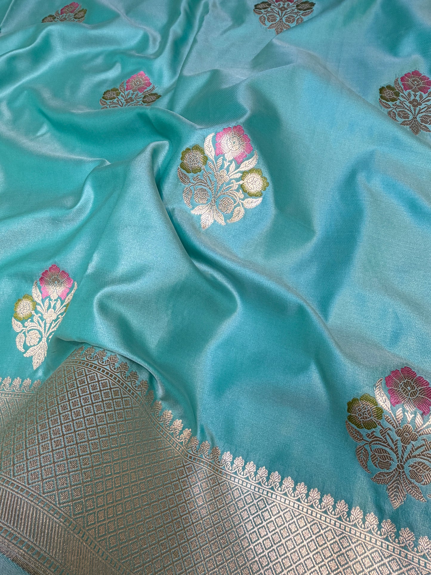 Sea Green Mashru Silk Banarasi Saree With Meena bootas