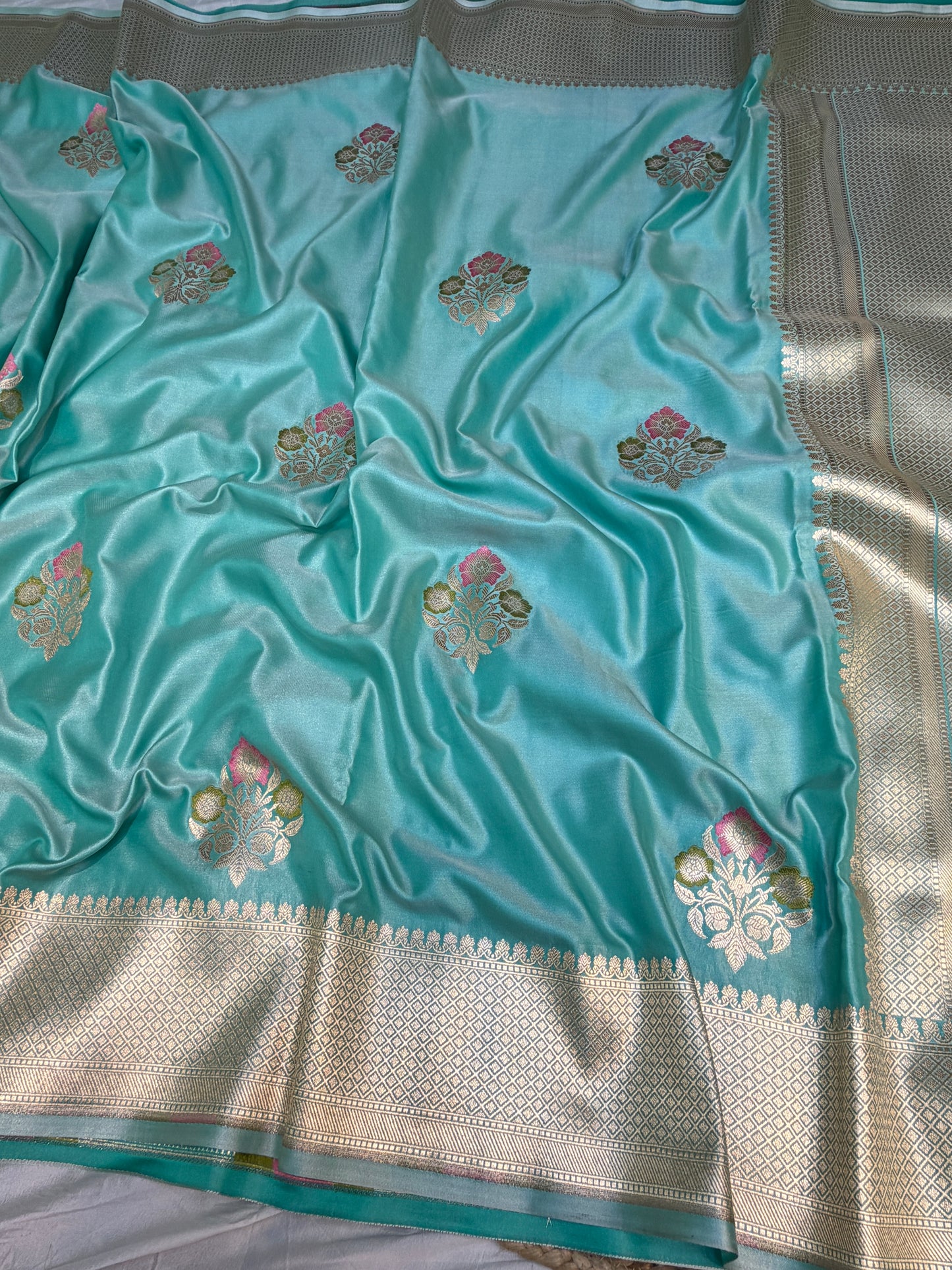 Sea Green Mashru Silk Banarasi Saree With Meena bootas