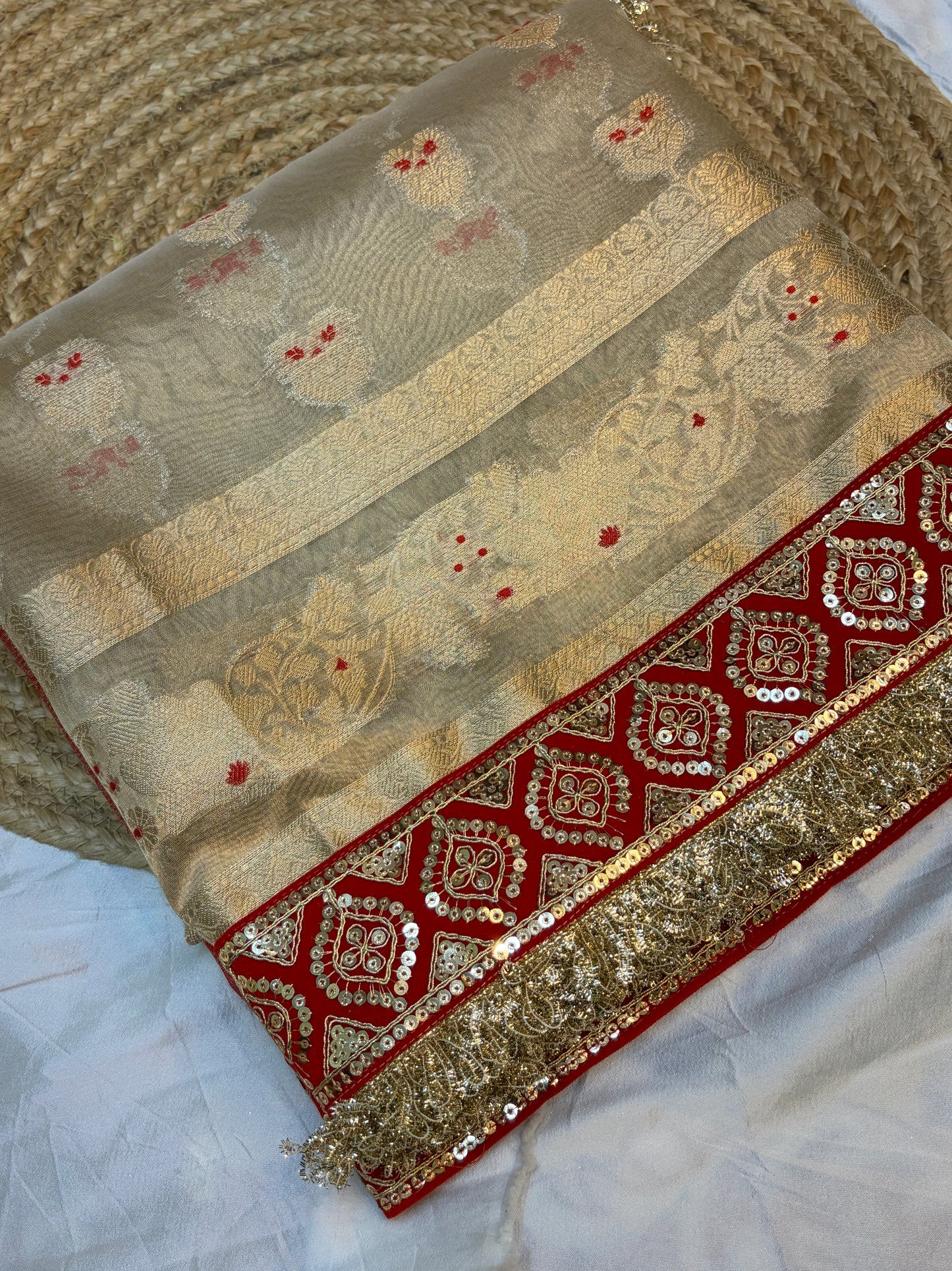 Champagne tissue silk saree with lace work