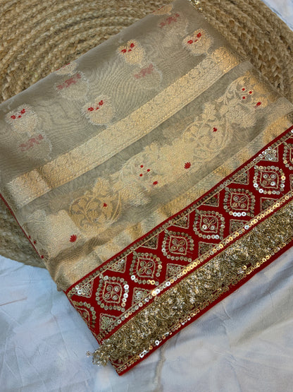 Champagne tissue silk saree with lace work