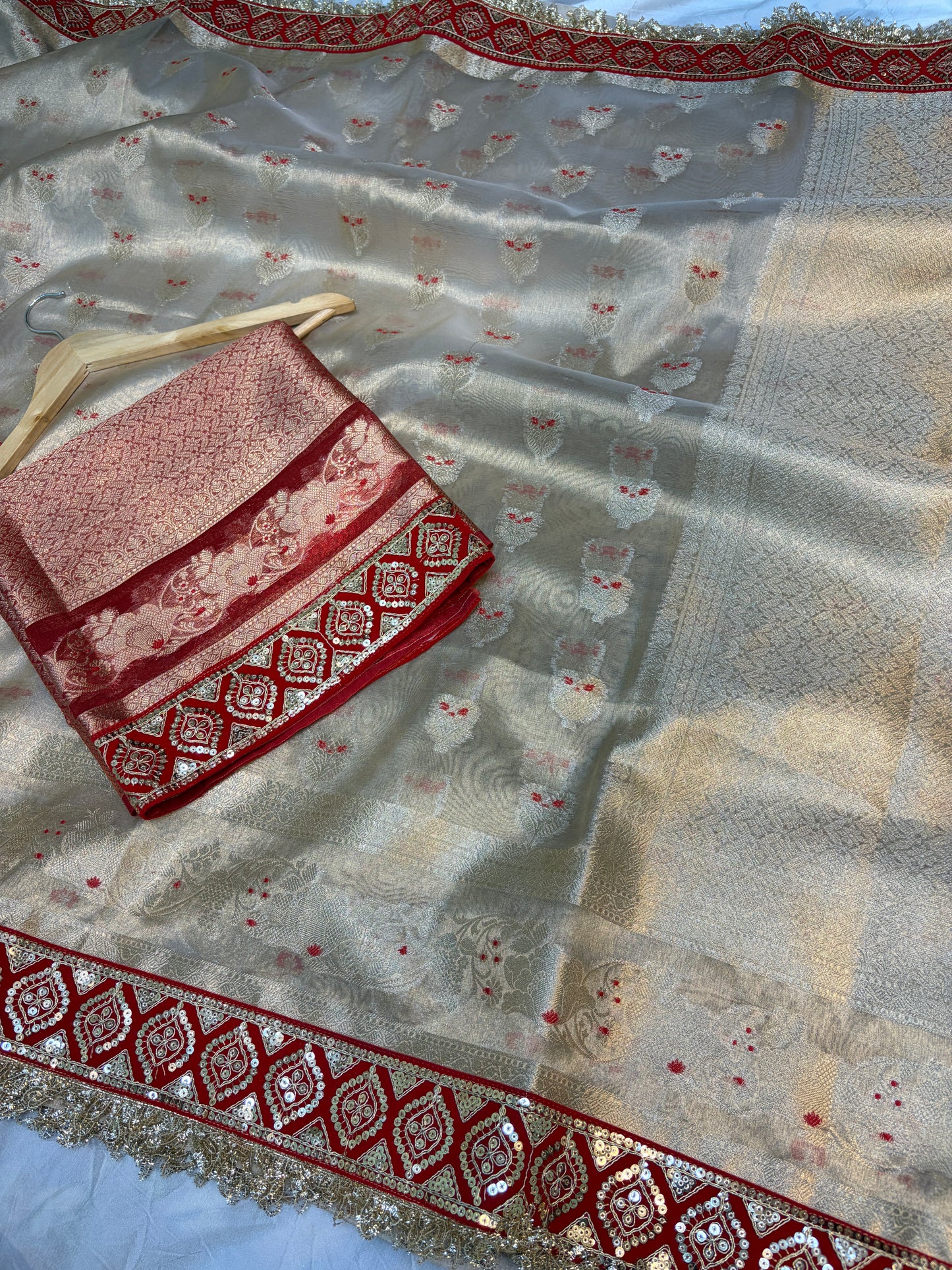 Champagne tissue silk saree with lace work