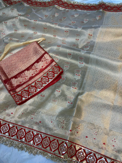 Champagne tissue silk saree with lace work