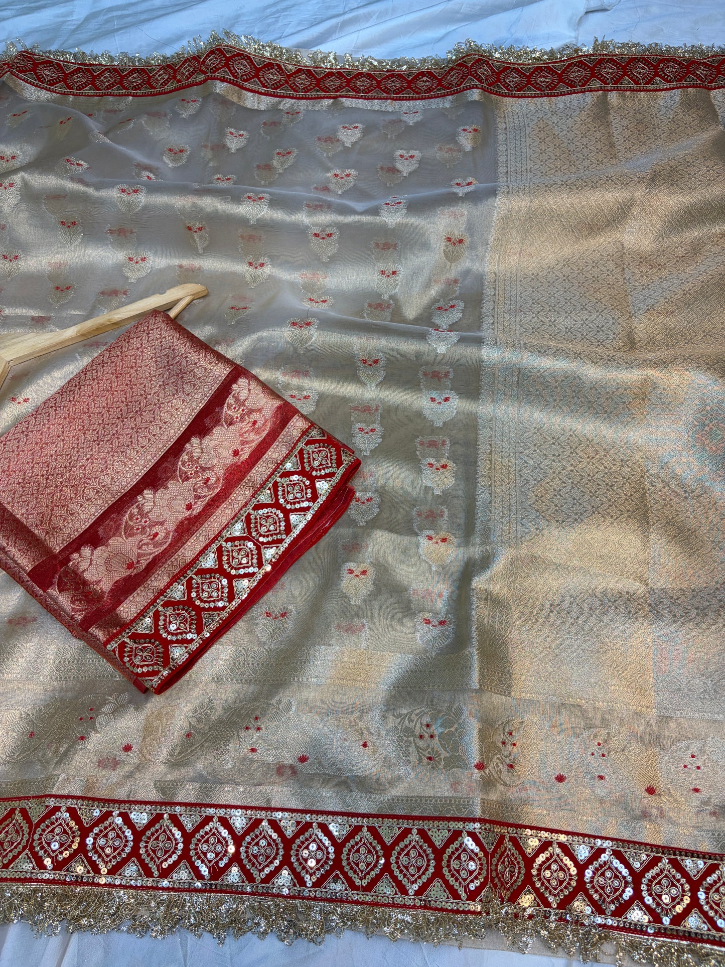 Champagne tissue silk saree with lace work