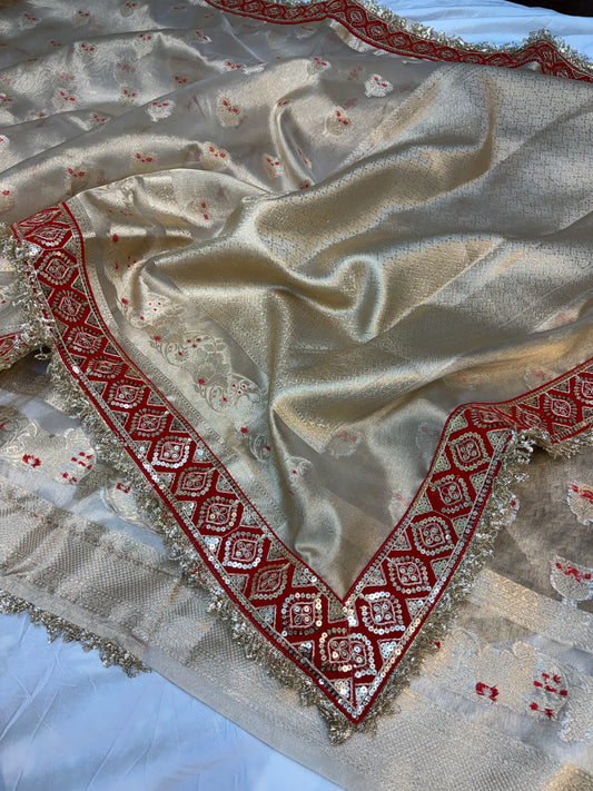 Champagne tissue silk saree with lace work