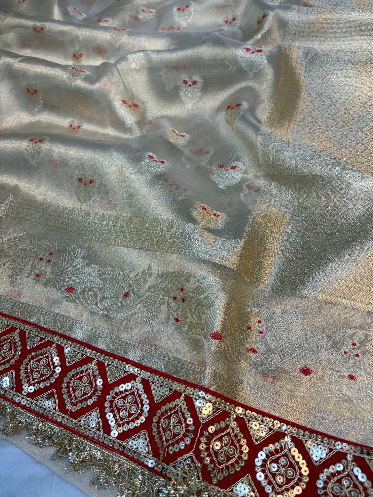 Champagne tissue silk saree with lace work