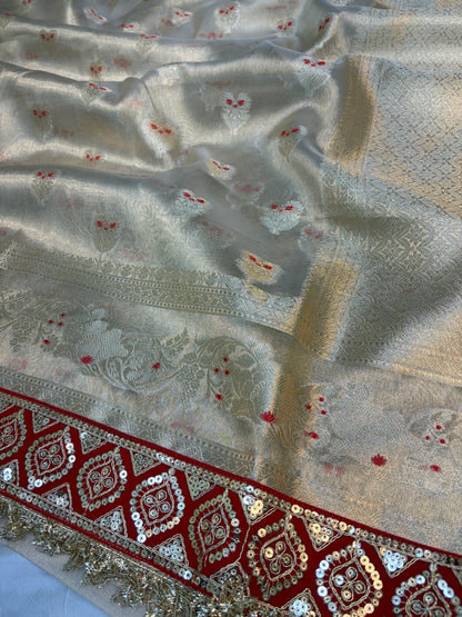 Champagne tissue silk saree with lace work