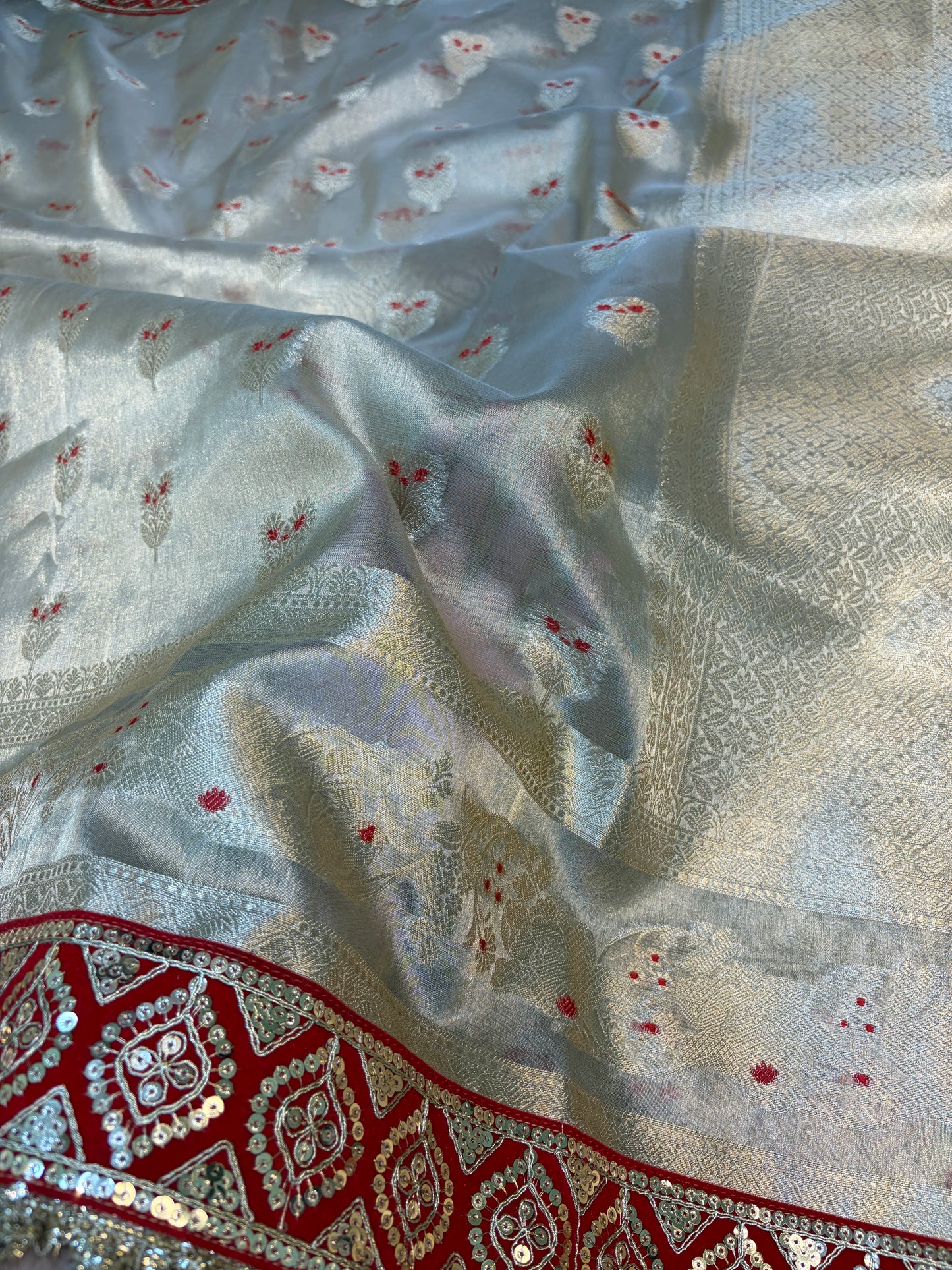 Champagne tissue silk saree with lace work