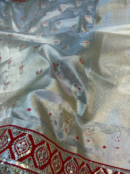 Champagne tissue silk saree with lace work