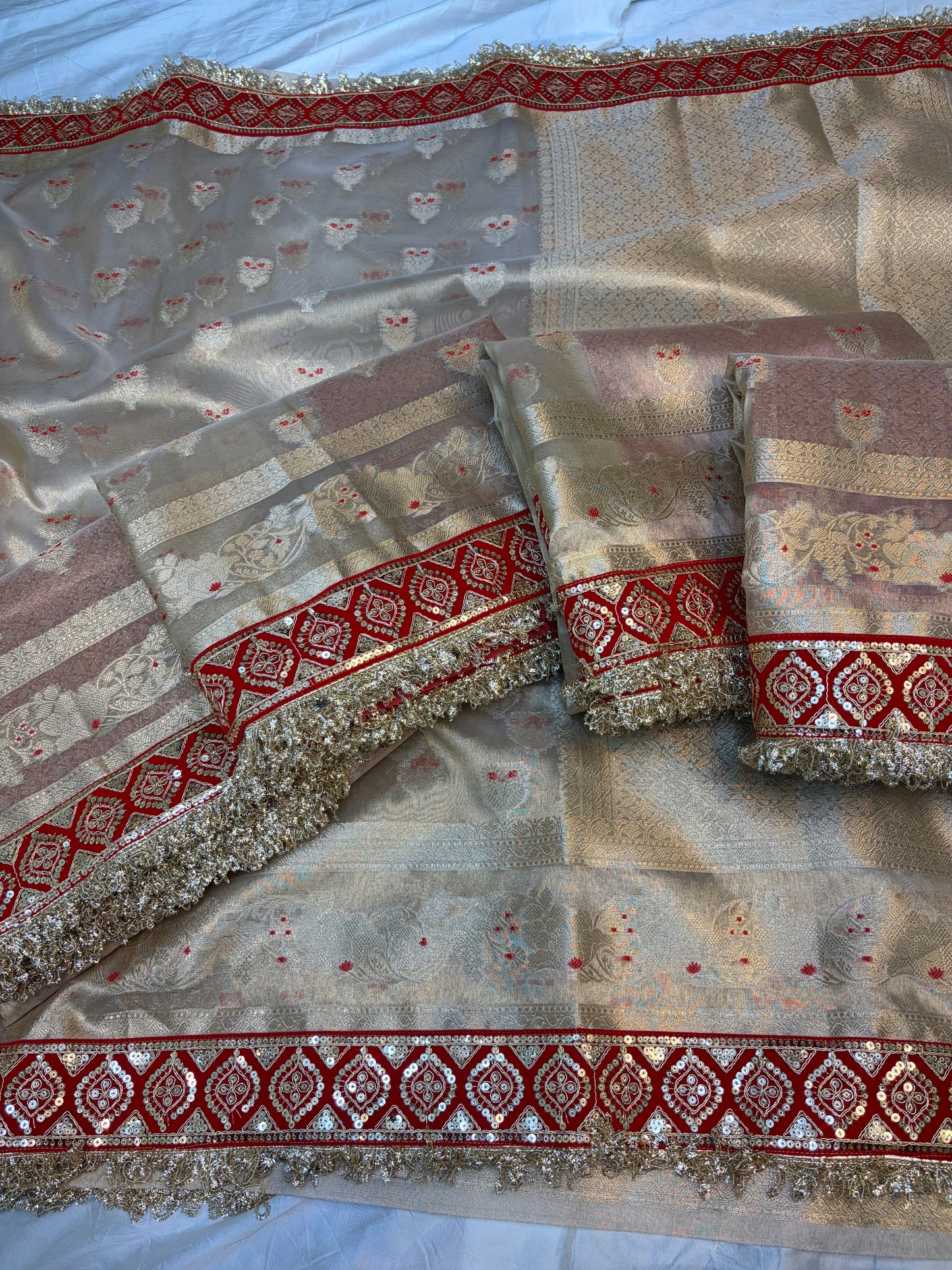 Champagne tissue silk saree with lace work