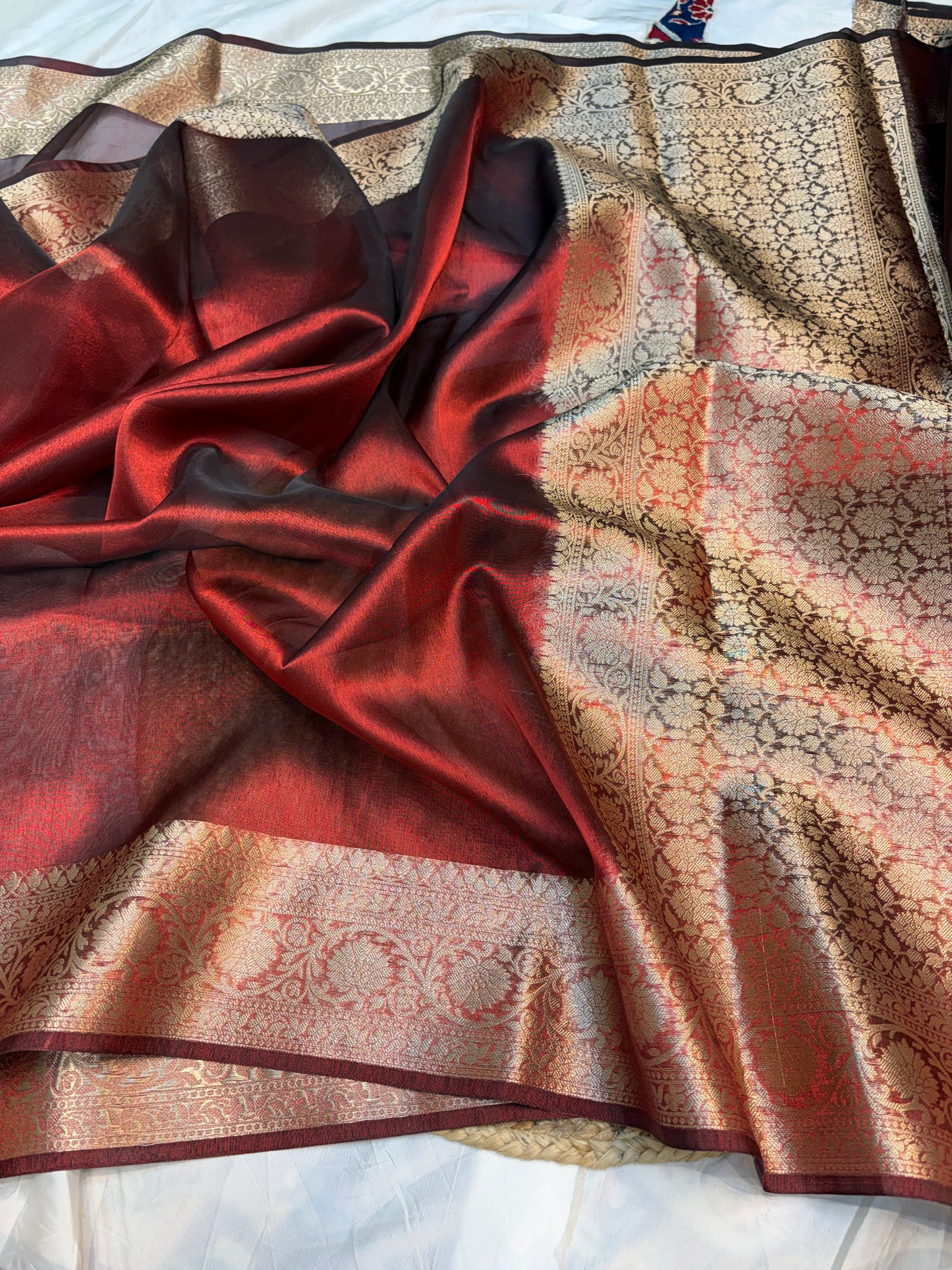 Metallic red tissue silk saree