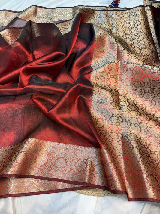 Metallic red tissue silk saree
