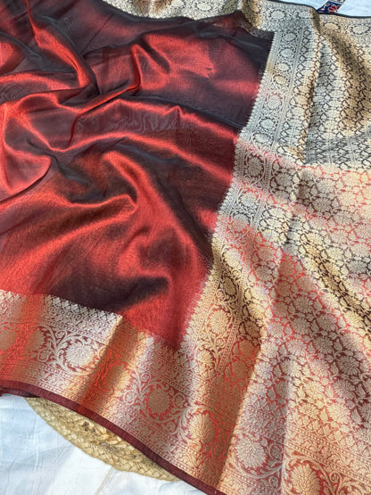 Metallic red tissue silk saree
