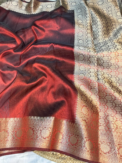 Metallic red tissue silk saree