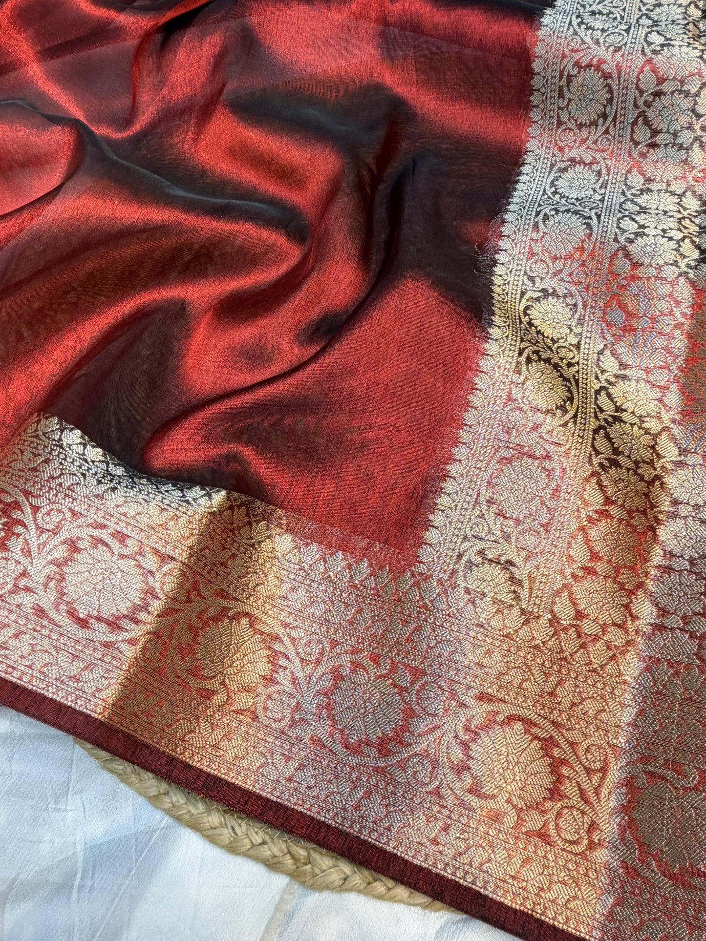 Metallic red tissue silk saree