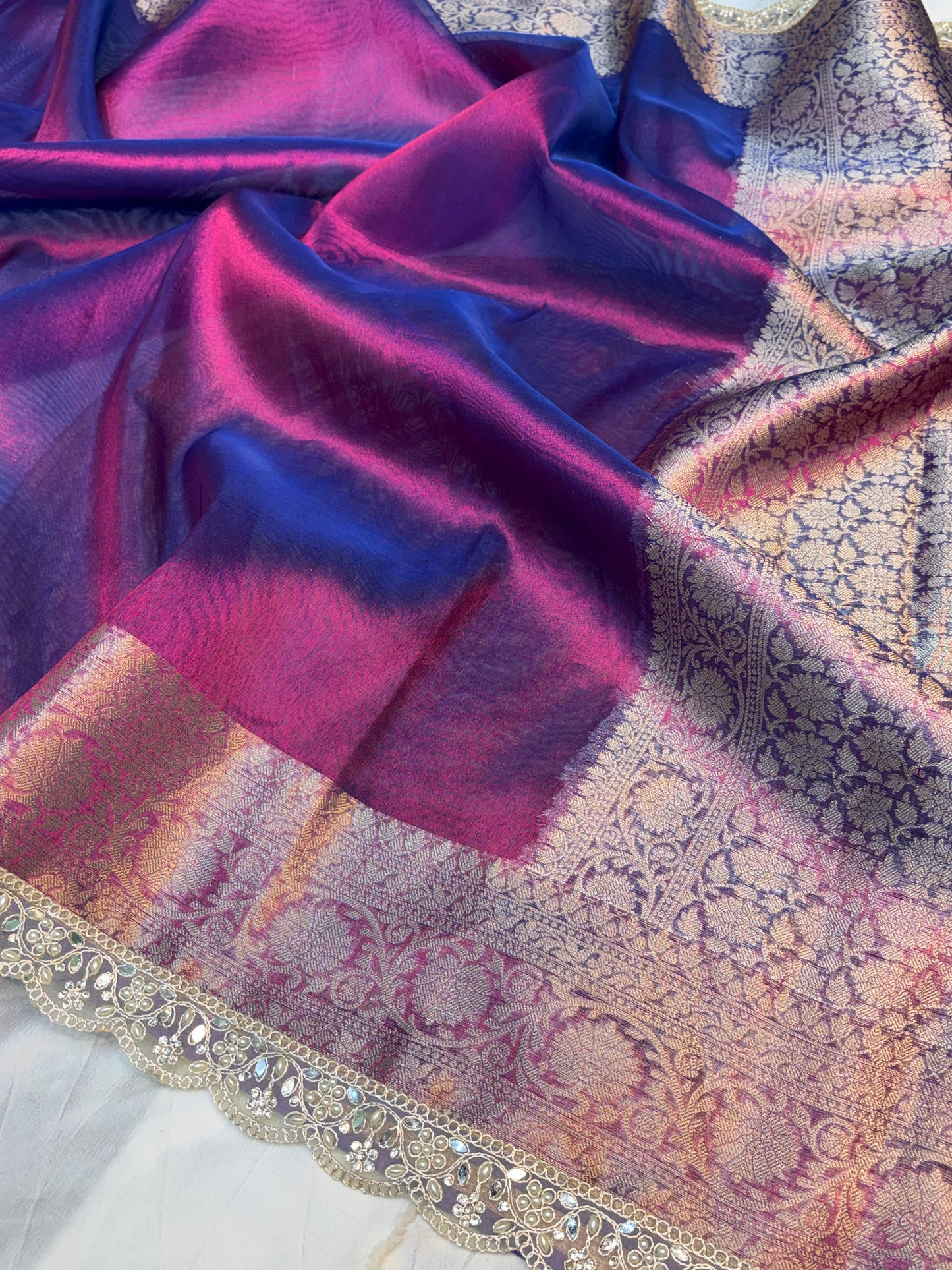Dhoop chao purple tissue silk saree with intricate lace work