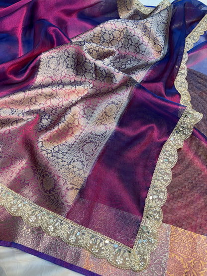 Dhoop chao purple tissue silk saree with intricate lace work