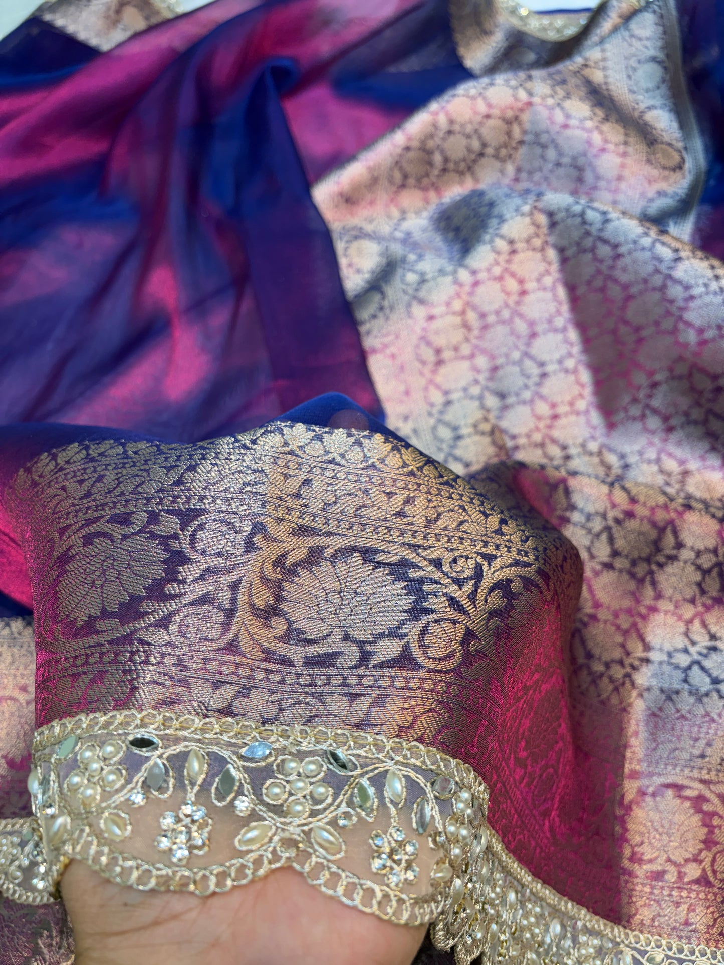 Dhoop chao purple tissue silk saree with intricate lace work
