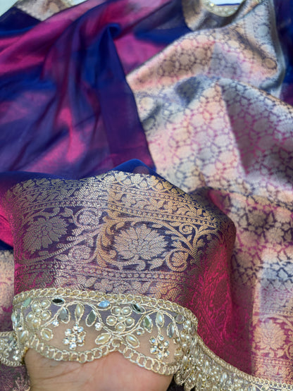 Dhoop chao purple tissue silk saree with intricate lace work