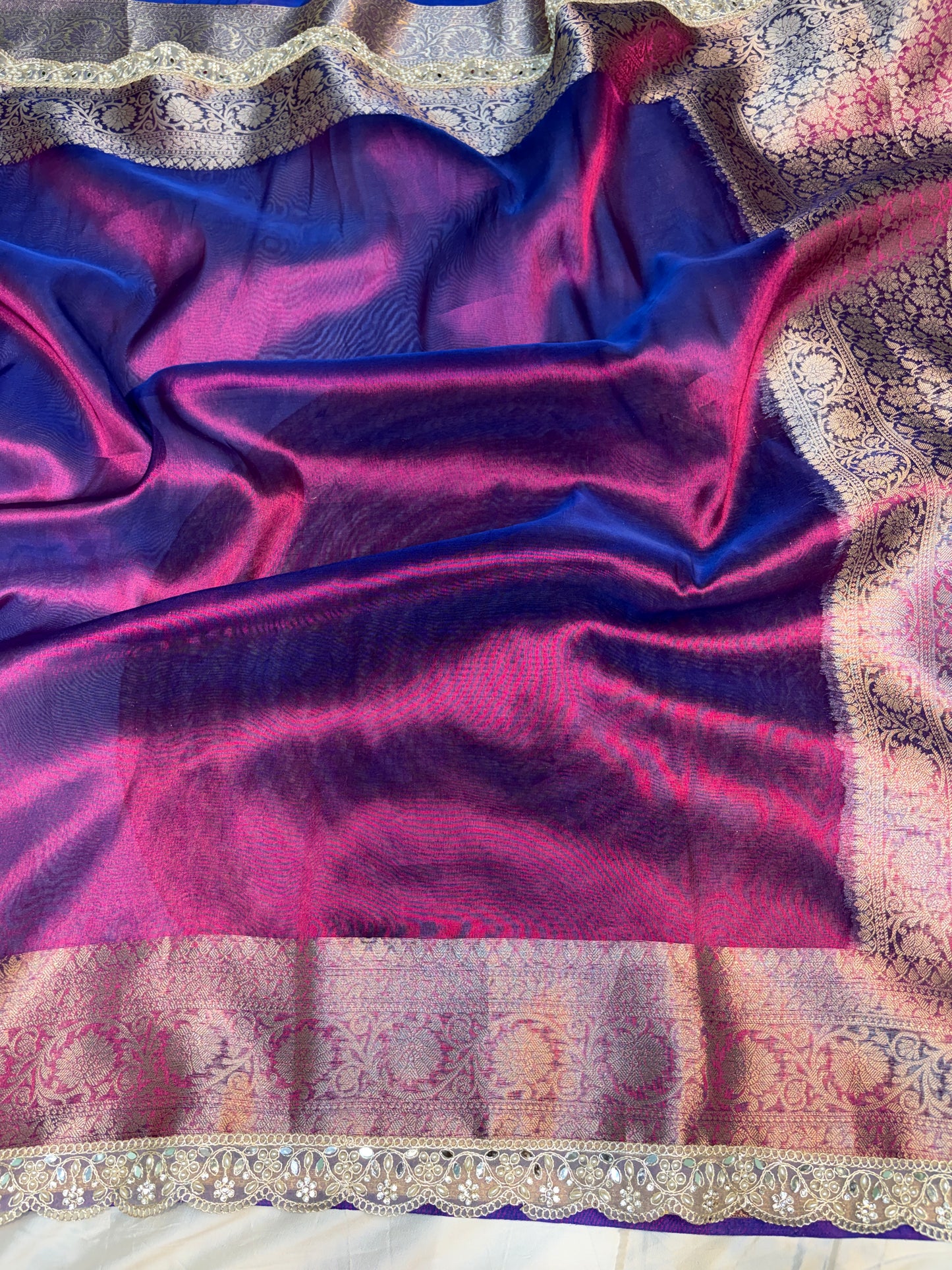 Dhoop chao purple tissue silk saree with intricate lace work