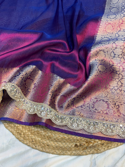 Dhoop chao purple tissue silk saree with intricate lace work
