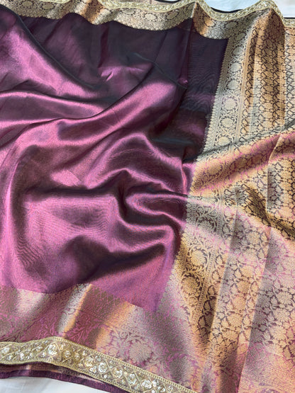 Metallic Purple tissue silk saree with intricate lace work