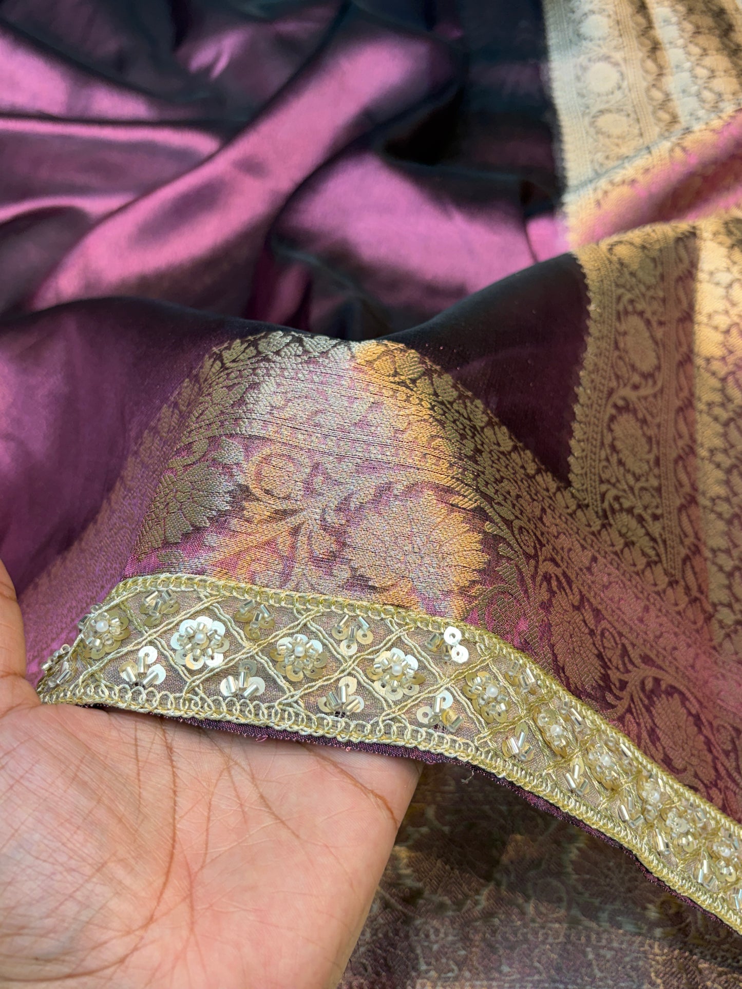 Metallic Purple tissue silk saree with intricate lace work