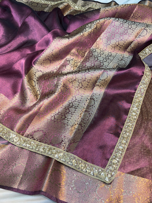 Metallic Purple tissue silk saree with intricate lace work