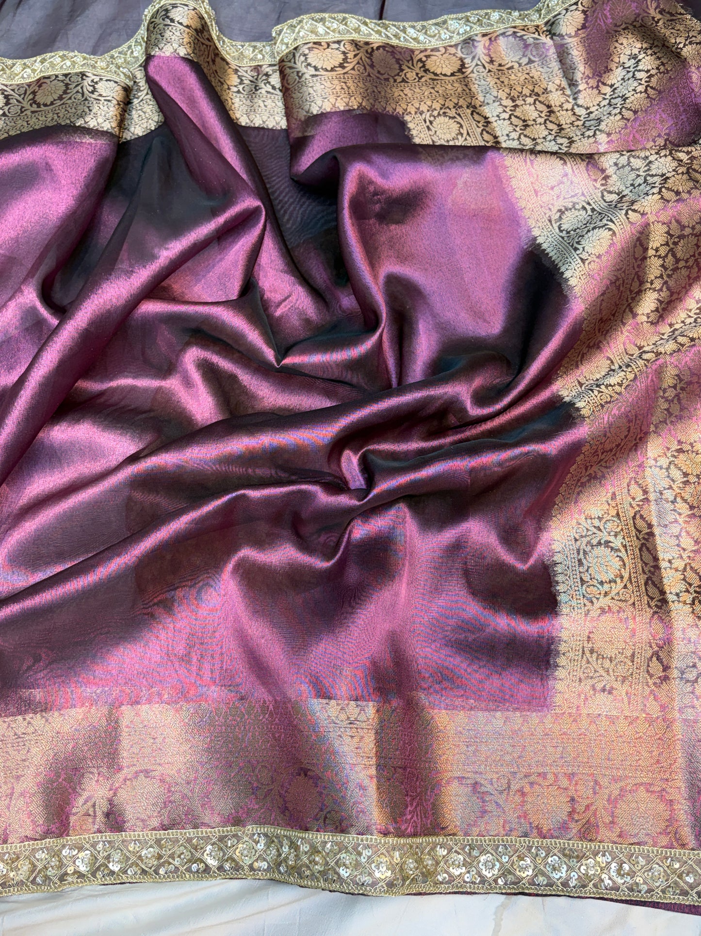 Metallic Purple tissue silk saree with intricate lace work