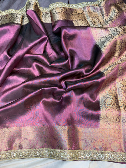 Metallic Purple tissue silk saree with intricate lace work