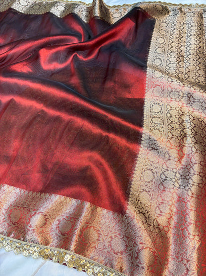 Metallic Red tissue silk saree with intricate lace work