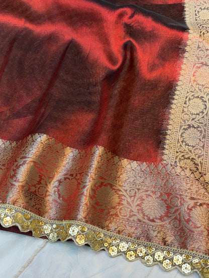 Metallic Red tissue silk saree with intricate lace work