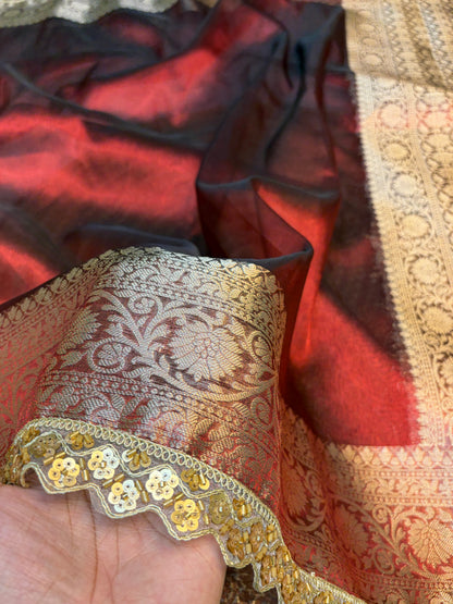 Metallic Red tissue silk saree with intricate lace work