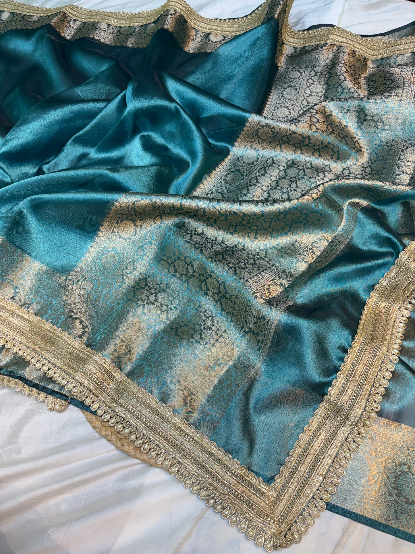 Metallic Blue tissue silk saree with intricate lace work