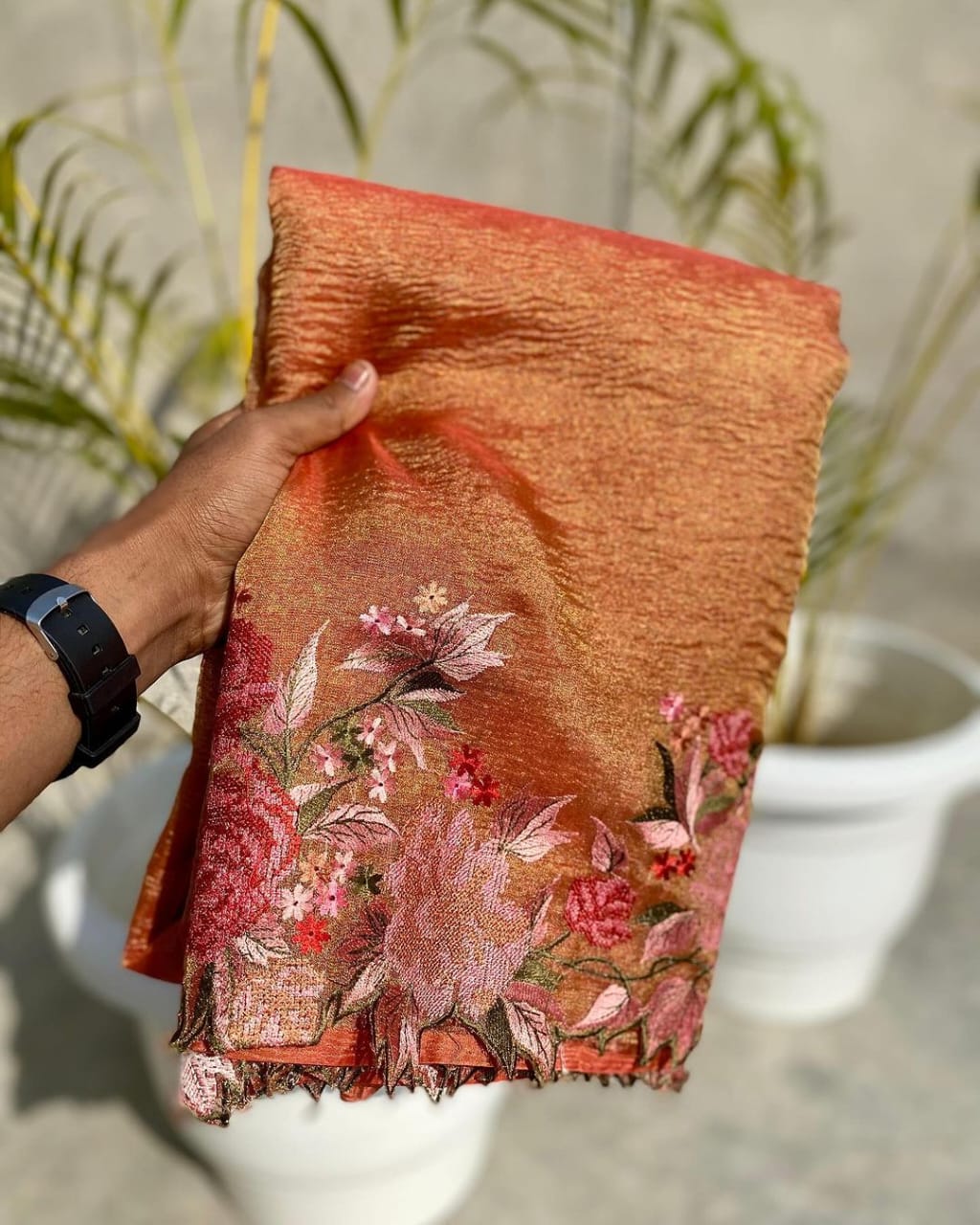 Maharani Collection Orange Embroidery Crushed Tissue Silk Saree