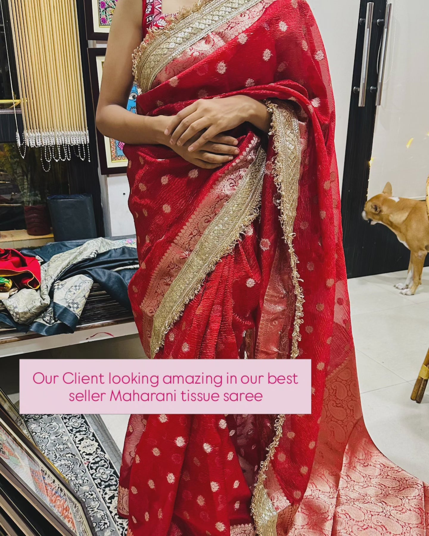 Maharani Collection Crushed tissue Red silk saree