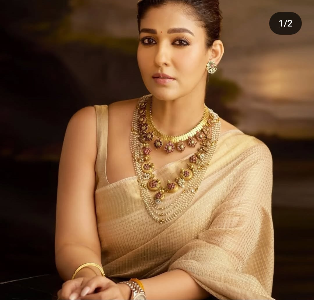Nayantha Inspired tissue golden embossed tissue silk Saree