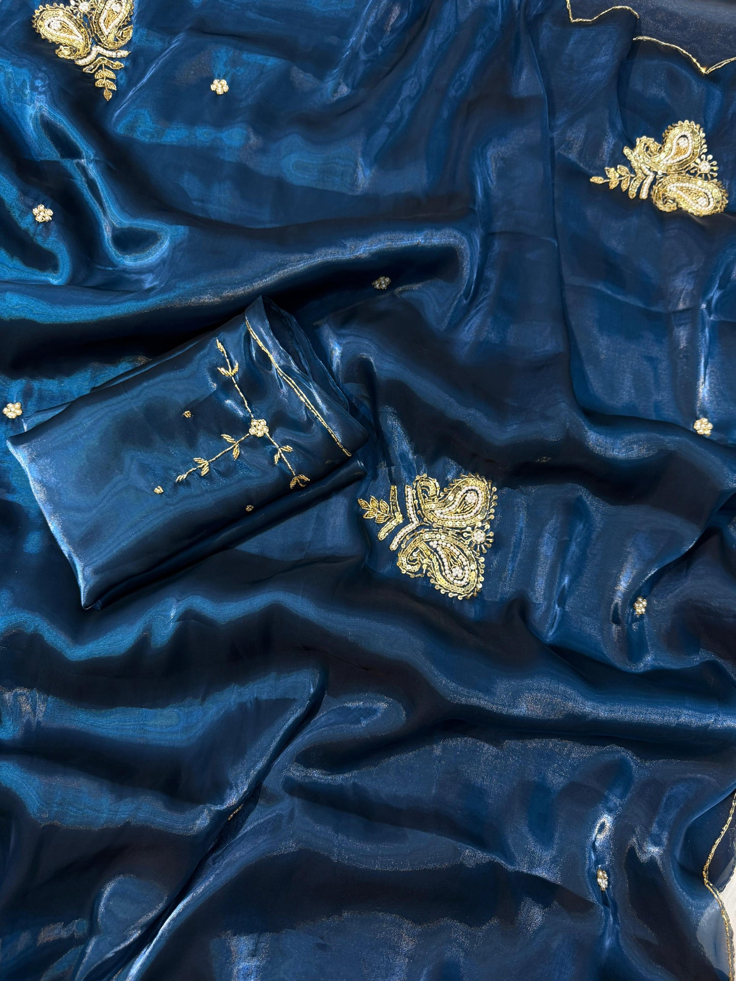 Blue Shimmery Tissue Silk Saree with handwork