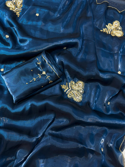 Blue Shimmery Tissue Silk Saree with handwork