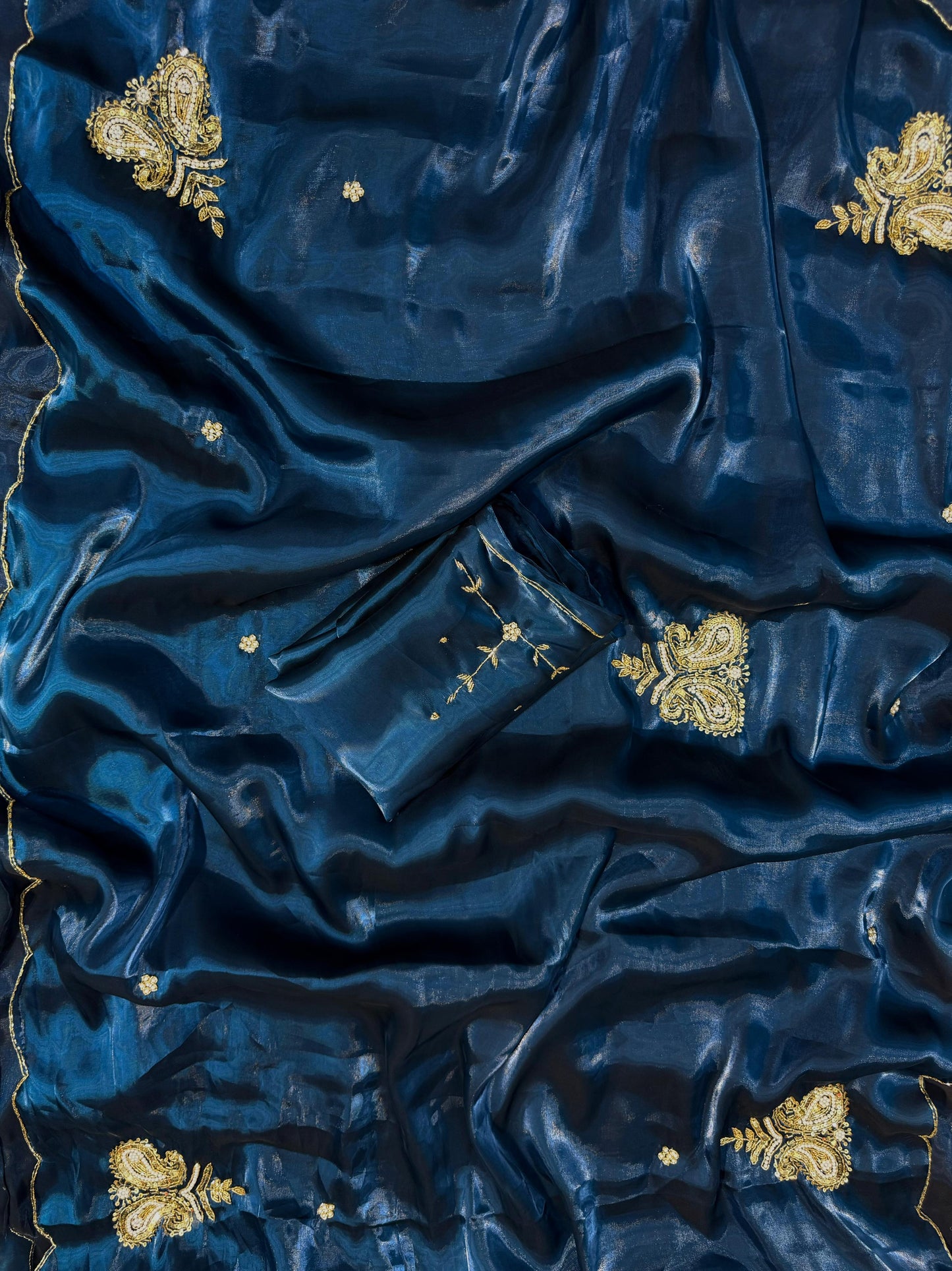 Blue Shimmery Tissue Silk Saree with handwork
